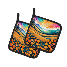 Colorful Flowers Pair of Pot Holders (Design: California poppies 1935, size: 7.5HX7.5W)