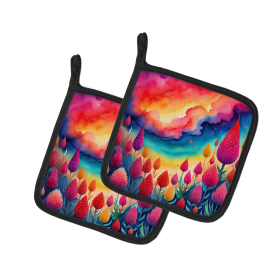 Colorful Flowers Pair of Pot Holders (Design: Celosia 1941, size: 7.5HX7.5W)