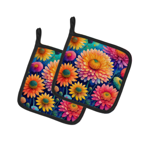 Colorful Flowers Pair of Pot Holders (Design: Chrysanthemums 1943, size: 7.5HX7.5W)
