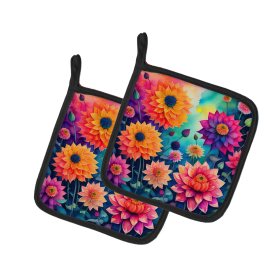 Colorful Flowers Pair of Pot Holders (Design: Dahlias 1949, size: 7.5HX7.5W)