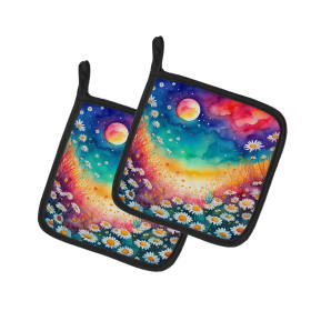 Colorful Flowers Pair of Pot Holders (Design: Daisies 1951, size: 7.5HX7.5W)