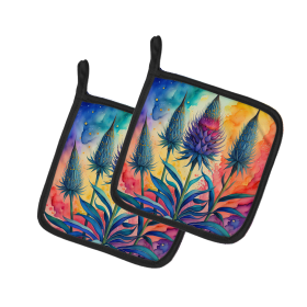 Colorful Flowers Pair of Pot Holders (Design: Eryngium 1957, size: 7.5HX7.5W)