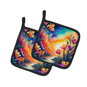 Colorful Flowers Pair of Pot Holders (Design: Freesia 1958, size: 7.5HX7.5W)