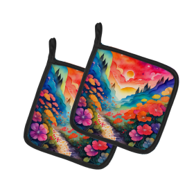 Colorful Flowers Pair of Pot Holders (Design: Geraniums 1959, size: 7.5HX7.5W)