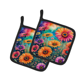 Colorful Flowers Pair of Pot Holders (Design: Gerbera Daisies 1960, size: 7.5HX7.5W)