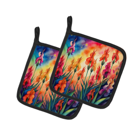 Colorful Flowers Pair of Pot Holders (Design: Gladiolus 1961, size: 7.5HX7.5W)