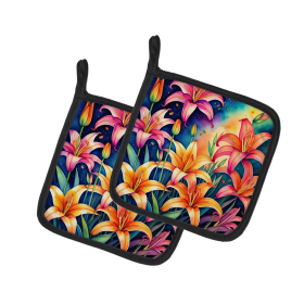 Colorful Flowers Pair of Pot Holders (Design: Lilies 1971, size: 7.5HX7.5W)