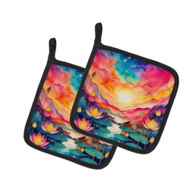 Colorful Flowers Pair of Pot Holders (Design: Lotus 1973, size: 7.5HX7.5W)