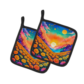 Colorful Flowers Pair of Pot Holders (Design: Marigolds 1975, size: 7.5HX7.5W)