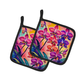 Colorful Flowers Pair of Pot Holders (Design: Orchids 1976, size: 7.5HX7.5W)