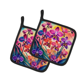 Colorful Flowers Pair of Pot Holders (Design: Orchids 1977, size: 7.5HX7.5W)