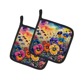 Colorful Flowers Pair of Pot Holders (Design: Pansies 1979, size: 7.5HX7.5W)