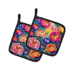 Colorful Flowers Pair of Pot Holders (Design: Peonies 1981, size: 7.5HX7.5W)