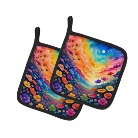 Colorful Flowers Pair of Pot Holders (Design: Petunias 1984, size: 7.5HX7.5W)