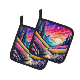 Colorful Flowers Pair of Pot Holders (Design: Phlox 1985, size: 7.5HX7.5W)