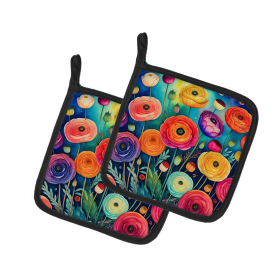 Colorful Flowers Pair of Pot Holders (Design: Ranunculus 1987, size: 7.5HX7.5W)