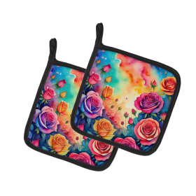 Colorful Flowers Pair of Pot Holders (Design: Roses 1989, size: 7.5HX7.5W)