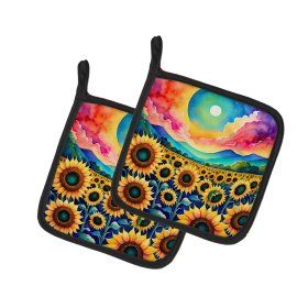 Colorful Flowers Pair of Pot Holders (Design: Sunflowers 1993, size: 7.5HX7.5W)