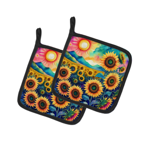 Colorful Flowers Pair of Pot Holders (Design: Sunflowers 1994, size: 7.5HX7.5W)