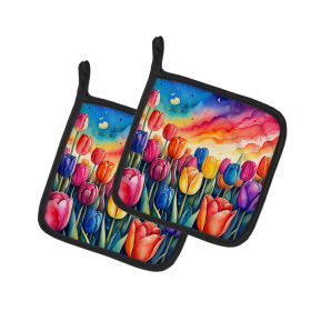 Colorful Flowers Pair of Pot Holders (Design: Tulips 1995, size: 7.5HX7.5W)