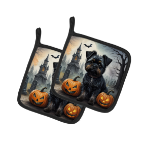 Spooky Halloween Pair of Pot Holders (Design: Affenpinscher 2001, size: 7.5HX7.5W)