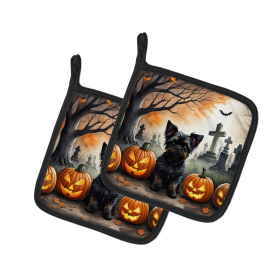 Spooky Halloween Pair of Pot Holders (Design: Affenpinscher 2002, size: 7.5HX7.5W)