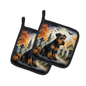 Spooky Halloween Pair of Pot Holders (Design: Airedale Terrier 2004, size: 7.5HX7.5W)