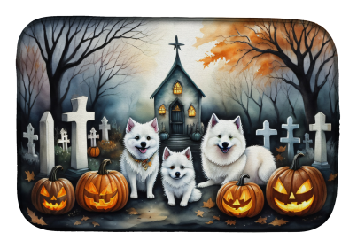 Spooky Halloween Dish Drying Mat (Dog Breed: American Eskimo 2008, size: 14  x 21")