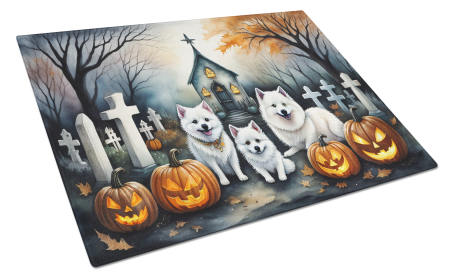 Spooky Halloween Glass Cutting Board (Dog Breed: American Eskimo 2008, size: large)