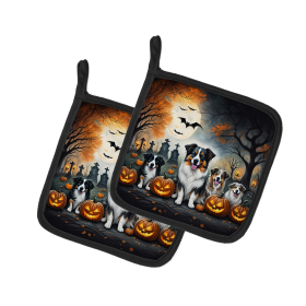 Spooky Halloween Pair of Pot Holders (Design: Australian Shepherd 2009, size: 7.5HX7.5W)