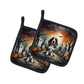 Spooky Halloween Pair of Pot Holders (Design: Basset Hound 2010, size: 7.5HX7.5W)