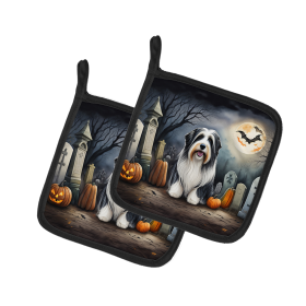 Spooky Halloween Pair of Pot Holders (Design: Bearded Collie 2012, size: 7.5HX7.5W)