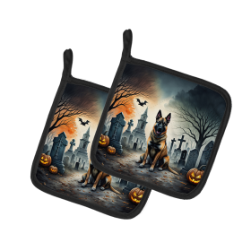 Spooky Halloween Pair of Pot Holders (Design: Belgian Malinois 2013, size: 7.5HX7.5W)