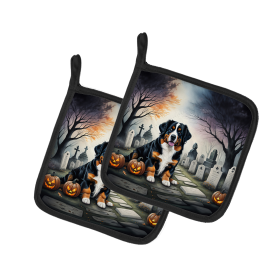 Spooky Halloween Pair of Pot Holders (Design: Bernese Mountain Dog 2014, size: 7.5HX7.5W)