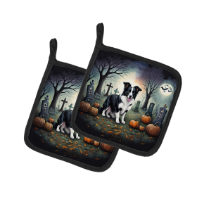 Spooky Halloween Pair of Pot Holders (Design: Border Collie  2018, size: 7.5HX7.5W)