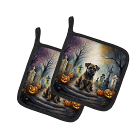 Spooky Halloween Pair of Pot Holders (Design: Border Terrier  2019, size: 7.5HX7.5W)