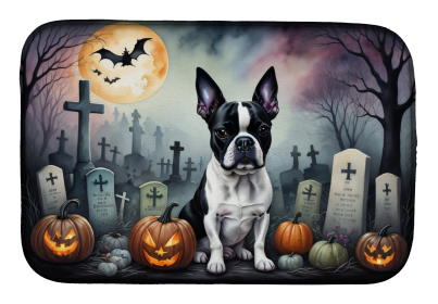 Spooky Halloween Dish Drying Mat (Dog Breed: Boston Terrier  2020, size: 14  x 21")