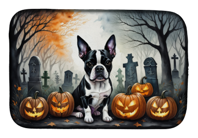 Spooky Halloween Dish Drying Mat (Dog Breed: Boston Terrier  2022, size: 14  x 21")