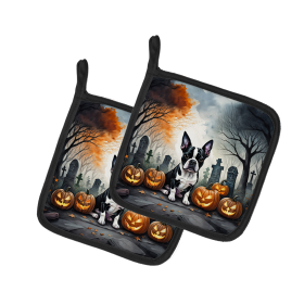 Spooky Halloween Pair of Pot Holders (Design: Boston Terrier  2022, size: 7.5HX7.5W)
