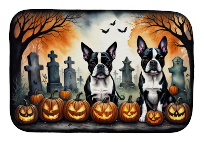 Spooky Halloween Dish Drying Mat (Dog Breed: Boston Terrier  2023, size: 14  x 21")