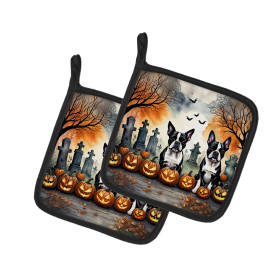 Spooky Halloween Pair of Pot Holders (Design: Boston Terrier  2023, size: 7.5HX7.5W)