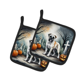Spooky Halloween Pair of Pot Holders (Design: Boxer  2025, size: 7.5HX7.5W)