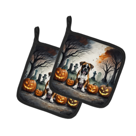 Spooky Halloween Pair of Pot Holders (Design: Boxer  2026, size: 7.5HX7.5W)