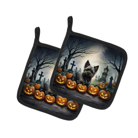 Spooky Halloween Pair of Pot Holders (Design: Cairn Terrier  2027, size: 7.5HX7.5W)
