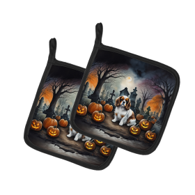 Spooky Halloween Pair of Pot Holders (Design: Cavalier Spaniel  2030, size: 7.5HX7.5W)