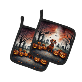 Spooky Halloween Pair of Pot Holders (Design: Dachshund  2035, size: 7.5HX7.5W)