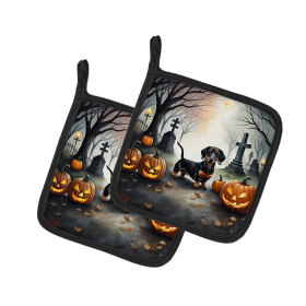 Spooky Halloween Pair of Pot Holders (Design: Dachshund  2037, size: 7.5HX7.5W)