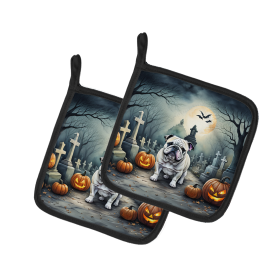 Spooky Halloween Pair of Pot Holders (Design: English Bulldog  2039, size: 7.5HX7.5W)