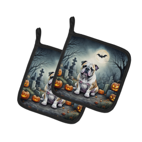Spooky Halloween Pair of Pot Holders (Design: English Bulldog  2040, size: 7.5HX7.5W)