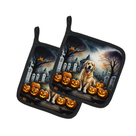 Spooky Halloween Pair of Pot Holders (Design: Golden Retriever  2042, size: 7.5HX7.5W)